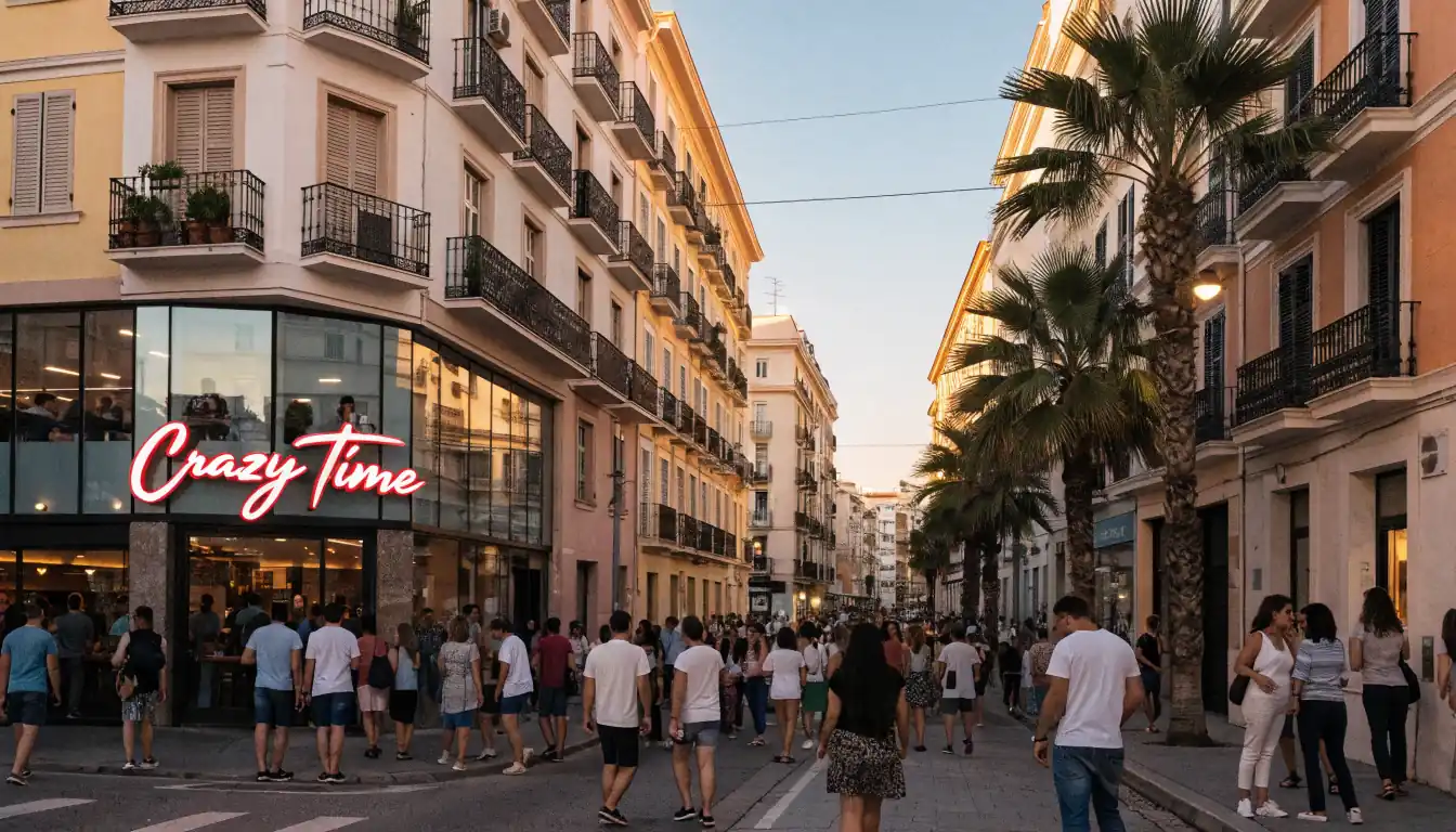 Escena española al atardecer con casino y neón