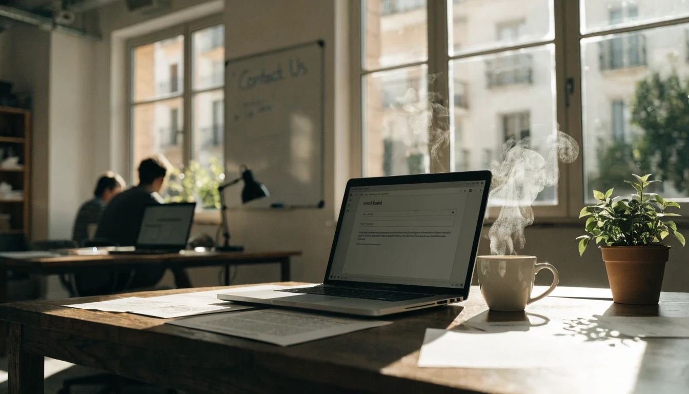 Escritorio español con laptop y taza de café