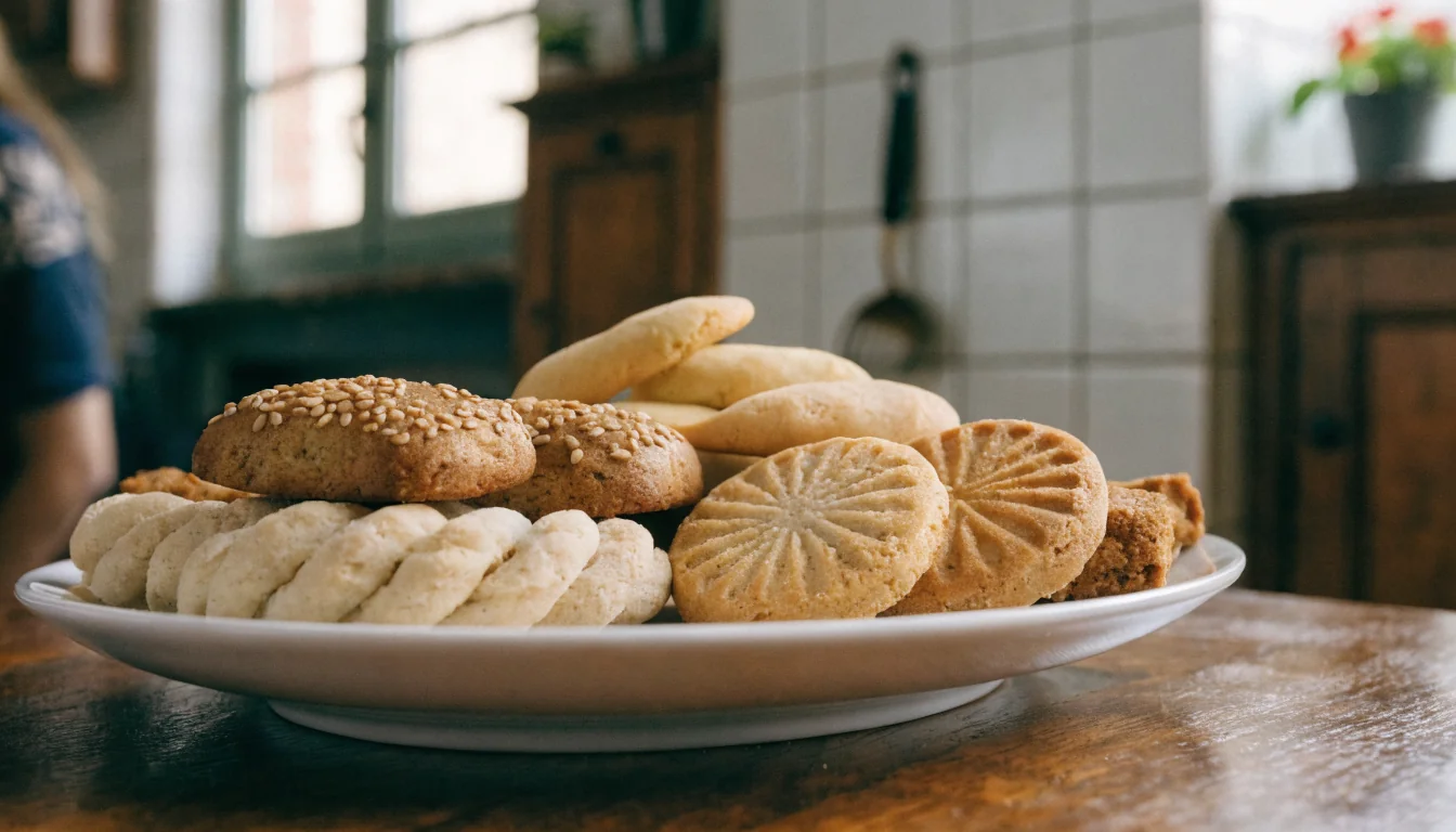 Plato con galletas españolas sobre mesa de madera bajo luz natural.