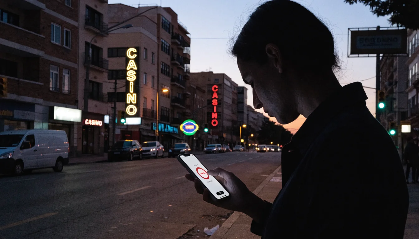 Calle española al anochecer con luces de neón y smartphone.