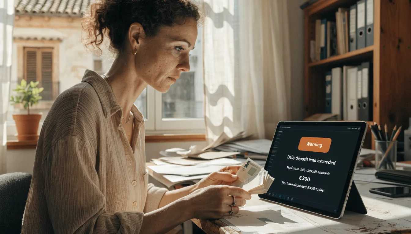 Mujer contando euros frente a una tablet.