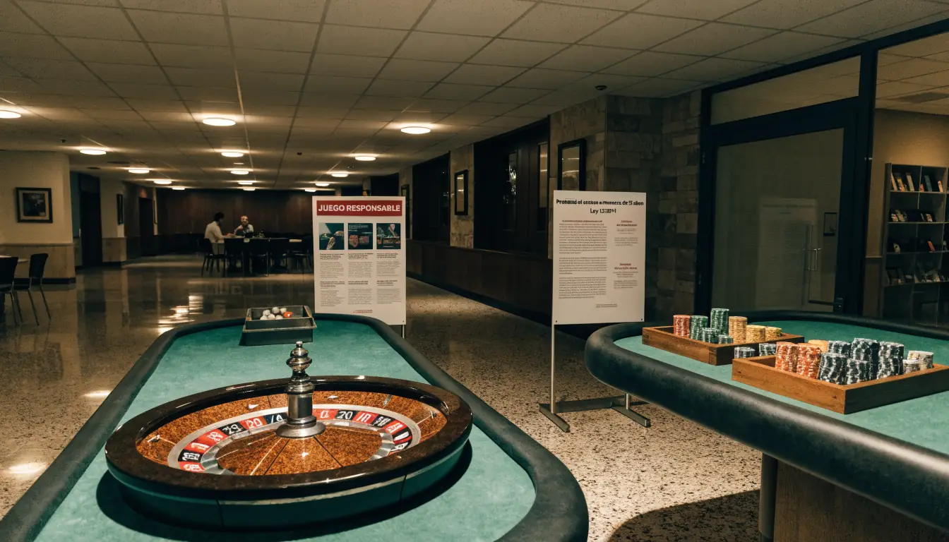 Interior de casino con ruleta y fichas.