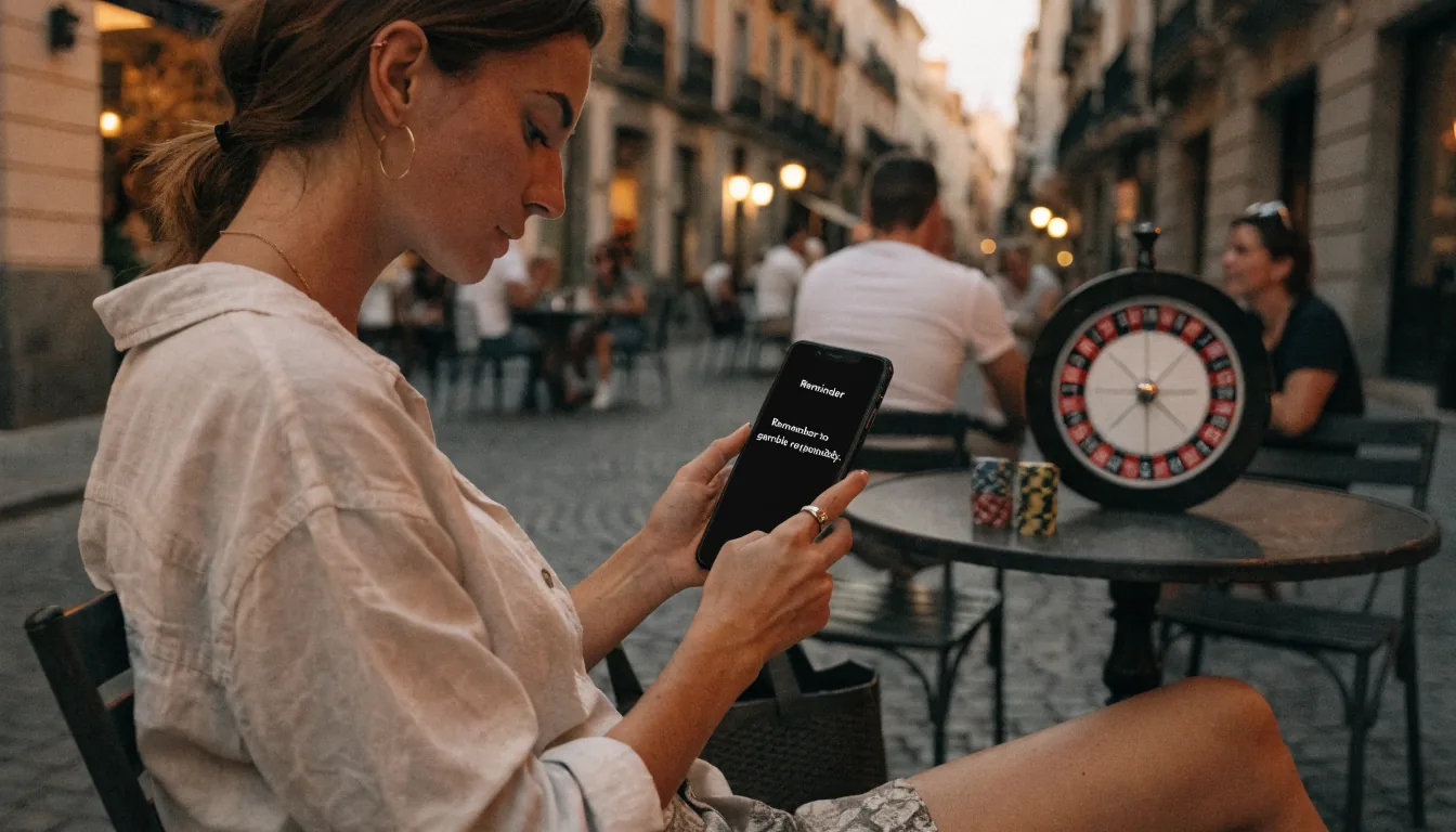 Mujer en café de Madrid con recordatorio de juego responsable