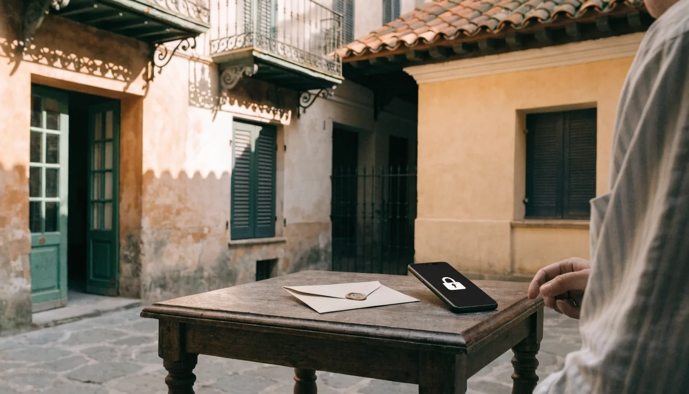 Patio español con sobre sellado y móvil bajo luz suave