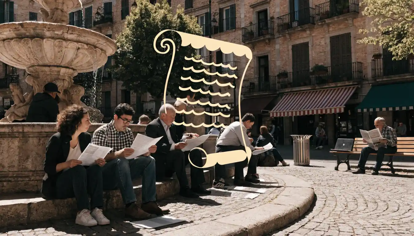 Plaza española con gente leyendo términos legales